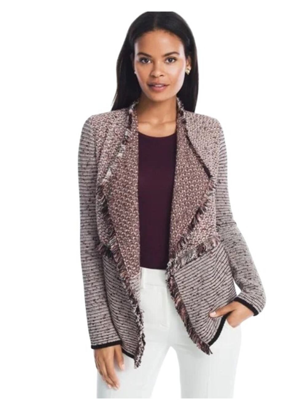 White House Black Market WHBM Double Fringe Cotton Sweater Jacket